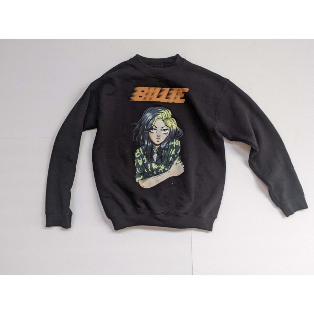 Billie Eilish Tour Merch Black Crewneck ANIME GRAPHICS SMALL Long Sleeve